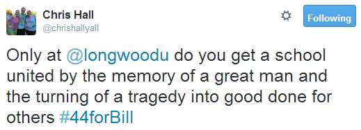 Only @longwoodu do you get a school united by the memory of a great man and the turning of a tragedy into good done for others #44forBill