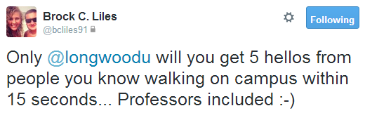 Only @longwoodu will you get 5 hellos from people you know walking on campus within 15 seconds ... Professors included :-)