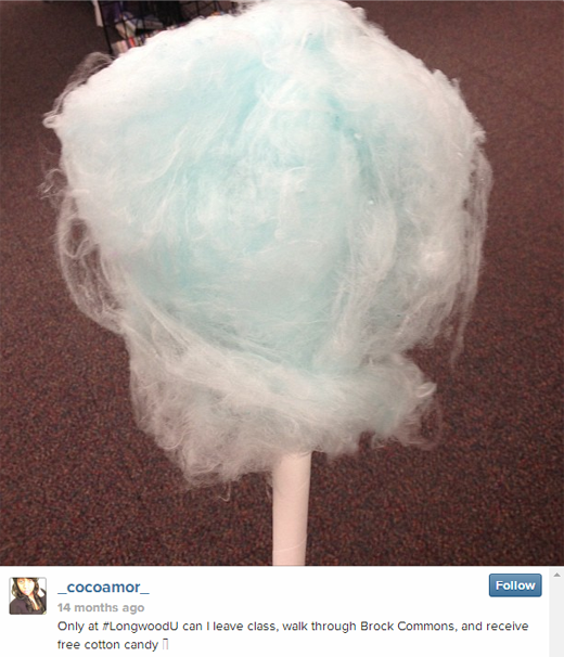 Only at #LongwoodU can I leave class, walk through Brock Commons, and receive free cotton candy