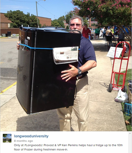 Only at #longwoodU: Provost & VP Ken Perkins helps haul a fridge up to the 10th floor of Frazer during freshmen move-in.