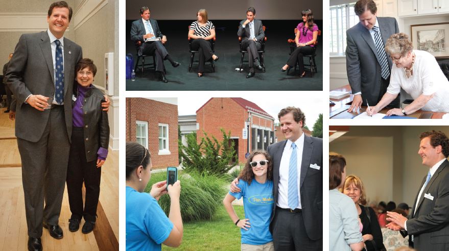 (clockwise from top left) President Reveley and Greenwood Library Dean Suzy Szasz Palmer share a smile over the difference in their heights. At the President’sWelcome in August, President Reveley takes questions from Staff Advisory Committee Co-chair Hannah McElheny Ledger ’04 (second from left), Faculty Senate Chair David Lehr and Staff Advisory Committee Co-chair Allison Dobson ’11. Former faculty member Nancy Andrews ’59 signs paperwork related to the scholarship she created at Longwood. President Reveley chats with parents of new students at orientation. Peer mentors snag President Reveley for a photo op.