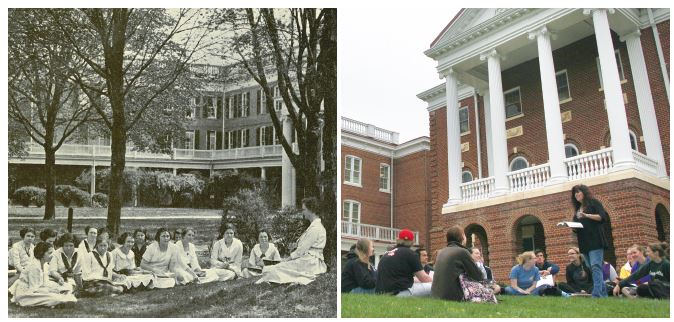 Longwood's picturesque campus is a place of inspiration for students and can serve as a welcome respite from the four walls of a classroom. This 1902 English class met outside, a tradition that Professor Mary Carroll-Hackett continues today.