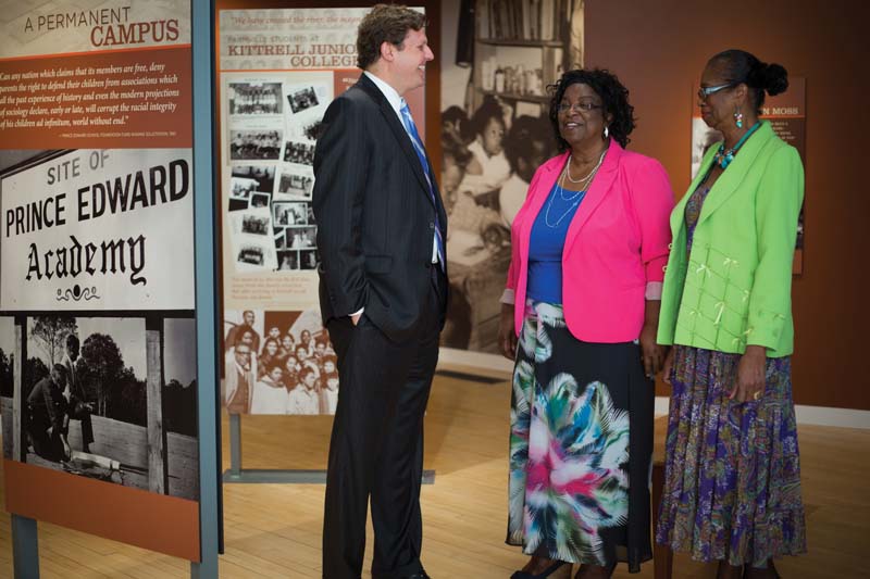President W. Taylor Reveley IV with Joy Cabarrus Speakes (right), a member of the Moton Museum Board of Trustees, and Dorothy Holcomb, chair of the Moton Council, the museum’s local advisory, outreach and volunteer management arm. Holcomb was a student when the Prince Edward County schools were closed from 1959-64. Speakes was one of the student strikers at Moton High School in 1951 as well as a plaintiff in the landmark case Brown v. County School Board.