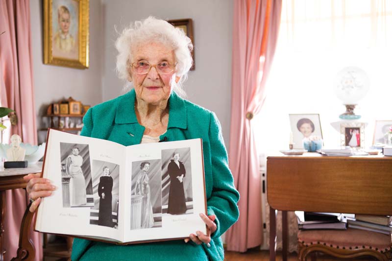 Agnes Crockett Davis ’36 shares her senior portrait as published in the 1936 Virginian. She celebrated her  100th birthday on Jan. 18, 2014. In the yearbook she’s holding, her photo is on the far right.